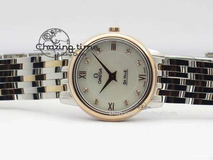 0426 De Ville 27mm SS RG Ladies MK 1:1 Best Edition White MOP Dial Diamond Markers On SS Bracelet Ronda Quartz Chic 8198